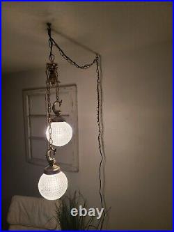 VTG Double Swag Hanging Light Clear Glass Globe Mid Century Lamp Plug