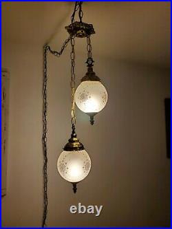 VTG Double Swag Hanging Light Ornate Small Glass Globe Mid Century Lamp Plug