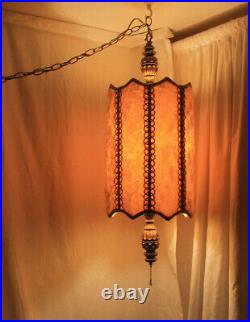 VTG Gold Velvet Drum Shade Hanging Swag Lamp Light Mid Century Modern MCM 1960s