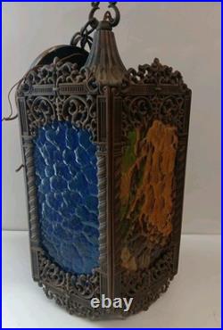 VTG Gothic Spanish Tudor Cathedral Style Hanging Lamp 5 panel Cast Metal Glass