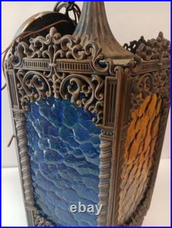 VTG Gothic Spanish Tudor Cathedral Style Hanging Lamp 5 panel Cast Metal Glass