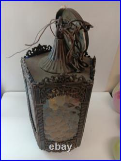 VTG Gothic Spanish Tudor Cathedral Style Hanging Lamp 5 panel Cast Metal Glass