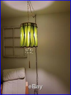 VTG Green Drum Shade Swag Lamp with Hanging Crystals Light Mid Century Regency