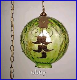 VTG Green Optic Glass Swag Lamp Raised Gold Floral Motif MCM Falkenstein Style