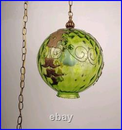 VTG Green Optic Glass Swag Lamp Raised Gold Floral Motif MCM Falkenstein Style