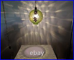 VTG Green Optic Glass Swag Lamp Raised Gold Floral Motif MCM Falkenstein Style