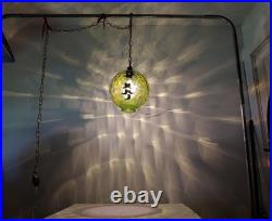 VTG Green Optic Glass Swag Lamp Raised Gold Floral Motif MCM Falkenstein Style