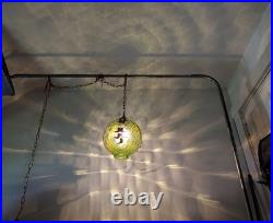 VTG Green Optic Glass Swag Lamp Raised Gold Floral Motif MCM Falkenstein Style