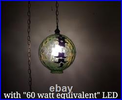 VTG Green Optic Glass Swag Lamp Raised Gold Floral Motif MCM Falkenstein Style