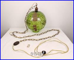 VTG Green Optic Glass Swag Lamp Raised Gold Floral Motif MCM Falkenstein Style