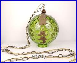 VTG Green Optic Glass Swag Lamp Raised Gold Floral Motif MCM Falkenstein Style