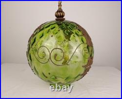 VTG Green Optic Glass Swag Lamp Raised Gold Floral Motif MCM Falkenstein Style