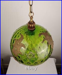 VTG Green Optic Glass Swag Lamp Raised Gold Floral Motif MCM Falkenstein Style
