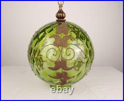 VTG Green Optic Glass Swag Lamp Raised Gold Floral Motif MCM Falkenstein Style