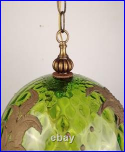 VTG Green Optic Glass Swag Lamp Raised Gold Floral Motif MCM Falkenstein Style