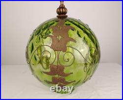 VTG Green Optic Glass Swag Lamp Raised Gold Floral Motif MCM Falkenstein Style