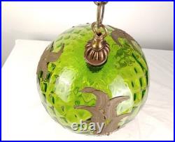 VTG Green Optic Glass Swag Lamp Raised Gold Floral Motif MCM Falkenstein Style