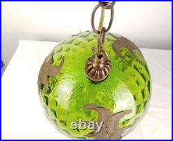 VTG Green Optic Glass Swag Lamp Raised Gold Floral Motif MCM Falkenstein Style