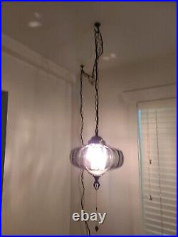 VTG Grey Glass Swag Light UFO Hanging MCM Lamp Plug In Pendant Pull Chain