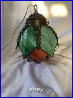 VTG Hanging Slag Glass Tulip Design Green & Orange With 13ft Cord On&Off Switch