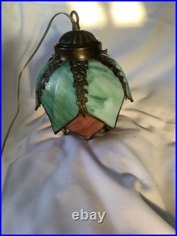 VTG Hanging Slag Glass Tulip Design Green & Orange With 13ft Cord On&Off Switch