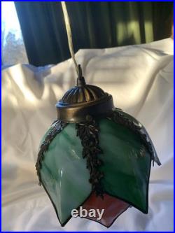 VTG Hanging Slag Glass Tulip Design Green & Orange With 13ft Cord On&Off Switch