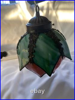 VTG Hanging Slag Glass Tulip Design Green & Orange With 13ft Cord On&Off Switch