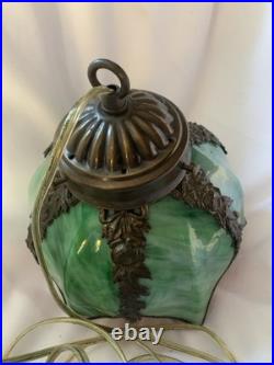 VTG Hanging Slag Glass Tulip Design Green & Orange With 13ft Cord On&Off Switch