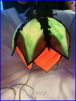 VTG Hanging Slag Glass Tulip Design Green & Orange With 13ft Cord On&Off Switch