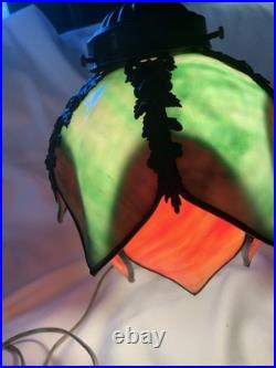 VTG Hanging Slag Glass Tulip Design Green & Orange With 13ft Cord On&Off Switch
