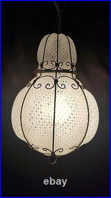 VTG Italian Murano Glass Latticino Caged Hanging Light Lamp Fixture Chandelier