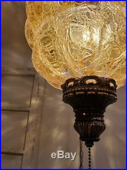 VTG Large Amber Crackle Glass Bubble Globe Swag Hanging Light Mid Century Lamp