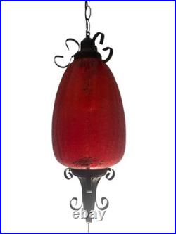 VTG Large Swag Lamp Red Crackle Glass Hanging Light Spanish Revival Pull String