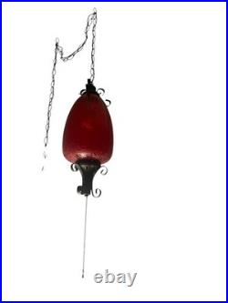 VTG Large Swag Lamp Red Crackle Glass Hanging Light Spanish Revival Pull String