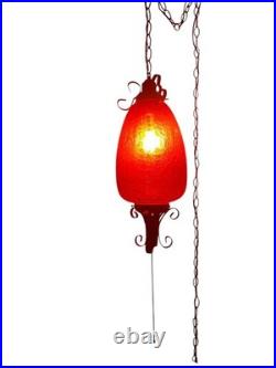 VTG Large Swag Lamp Red Crackle Glass Hanging Light Spanish Revival Pull String