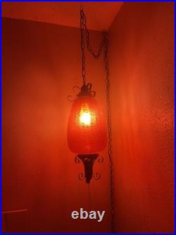 VTG Large Swag Lamp Red Crackle Glass Hanging Light Spanish Revival Pull String