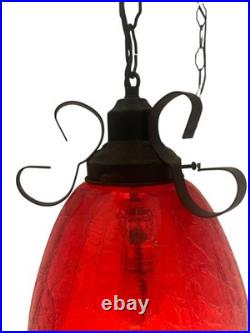 VTG Large Swag Lamp Red Crackle Glass Hanging Light Spanish Revival Pull String