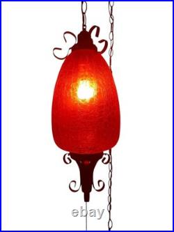 VTG Large Swag Lamp Red Crackle Glass Hanging Light Spanish Revival Pull String