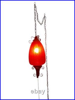 VTG Large Swag Lamp Red Crackle Glass Hanging Light Spanish Revival Pull String