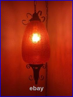 VTG Large Swag Lamp Red Crackle Glass Hanging Light Spanish Revival Pull String