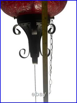 VTG Large Swag Lamp Red Crackle Glass Hanging Light Spanish Revival Pull String