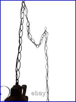 VTG Large Swag Lamp Red Crackle Glass Hanging Light Spanish Revival Pull String