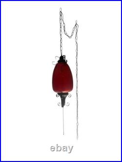 VTG Large Swag Lamp Red Crackle Glass Hanging Light Spanish Revival Pull String