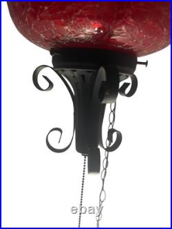 VTG Large Swag Lamp Red Crackle Glass Hanging Light Spanish Revival Pull String