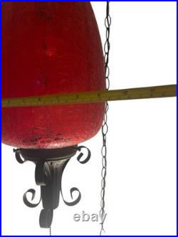 VTG Large Swag Lamp Red Crackle Glass Hanging Light Spanish Revival Pull String