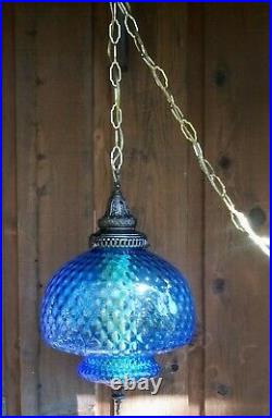 VTG MCM 18 Hanging Swag Light Lamp BLUE Glass Inverted Bubble