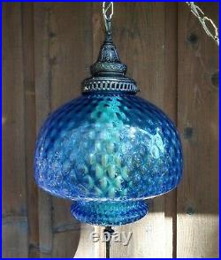VTG MCM 18 Hanging Swag Light Lamp BLUE Glass Inverted Bubble