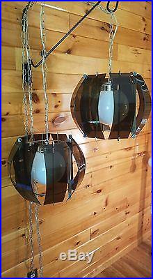 VTG MCM (2) Atomic Retro Smoked Lucite Acrylic Hanging Swag Light Lamp Fixtures