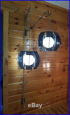 VTG MCM (2) Atomic Retro Smoked Lucite Acrylic Hanging Swag Light Lamp Fixtures