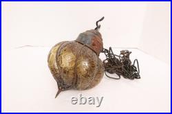 VTG MCM Bubble Amber Crackle Glass Shade Swag Lamp Caged Pendant Light Murano